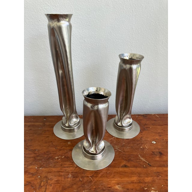 Original Thomas Roy Markusen Brutalist Nickel Plated Vases, Set of 3, circa 1970s. This is a set of three vases of...