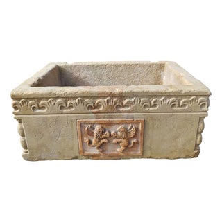 Carved Botticino Marble Sink with Central Red Verona Marble Inlay For Sale