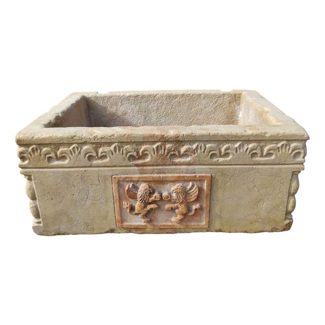 Carved Botticino Marble Sink with Central Red Verona Marble Inlay For Sale