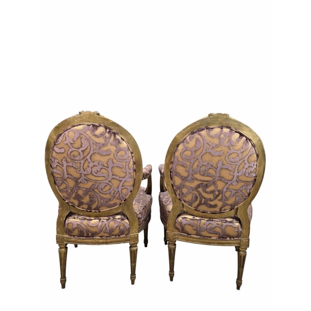 Antique French Louis XV Style Ornate Carved Giltwood Fauteuil Armchairs Newly Reupholstered - Pair For Sale - Image 4 of 12