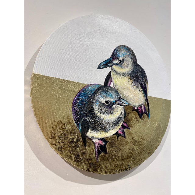 Anastasia Gklava, Baby Penguins, Oil Painting with Gold Leaf on Round Canvas, 2025 For Sale - Image 16 of 18