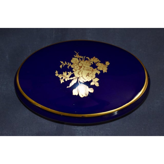 Blue Limoges Oval Trinket Box France Cobalt Blue Porcelain Gold Floral 22k Vintage For Sale - Image 8 of 15