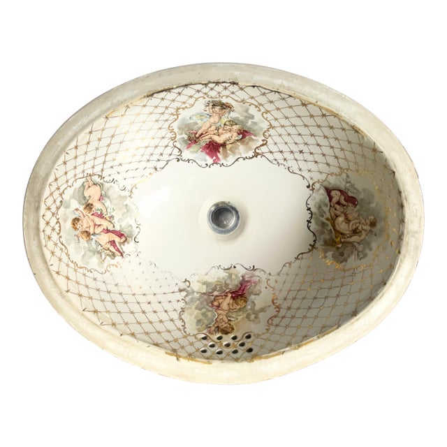 Vintage Italian Oval Hand Painted Cherub Sink by Cesame For Sale