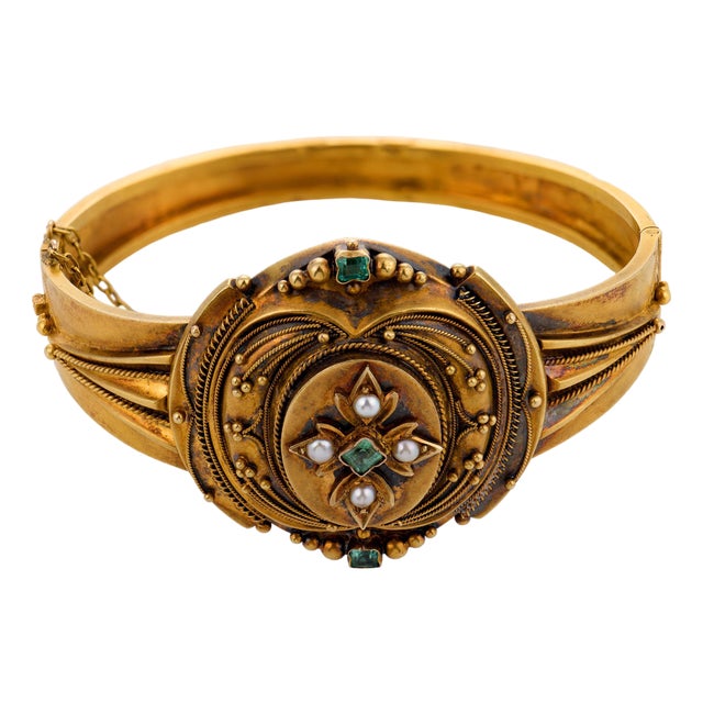 Early 20th Century Victorian Emerald Pearl 18k Yellow Gold Bangle For Sale