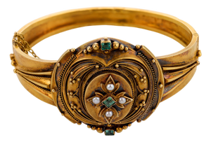 Early 20th Century Victorian Emerald Pearl 18k Yellow Gold Bangle