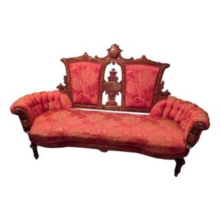 Circa 1870 Walnut Victorian Renaissance Revival Double Chair Back Sofa For Sale