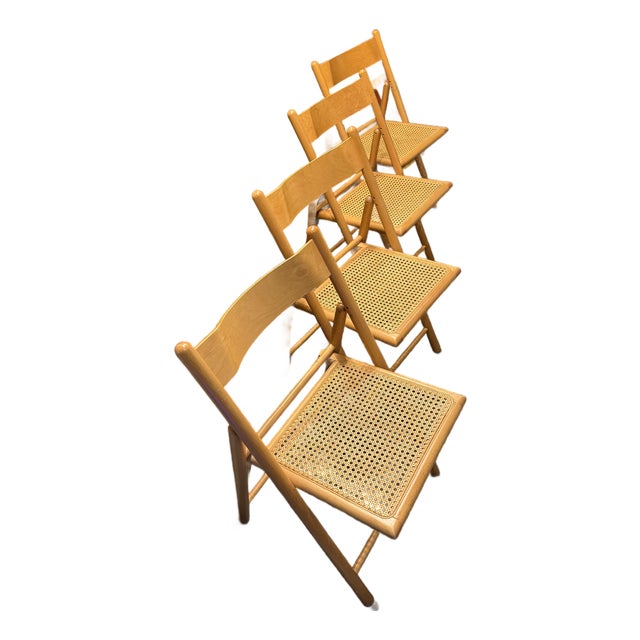 Italian Folding Chairs Beech & Rattan, 1980s, Set of 4 For Sale