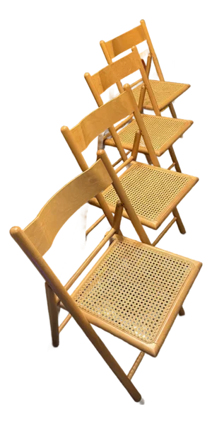 Italian Folding Chairs Beech & Rattan, 1980s, Set of 4