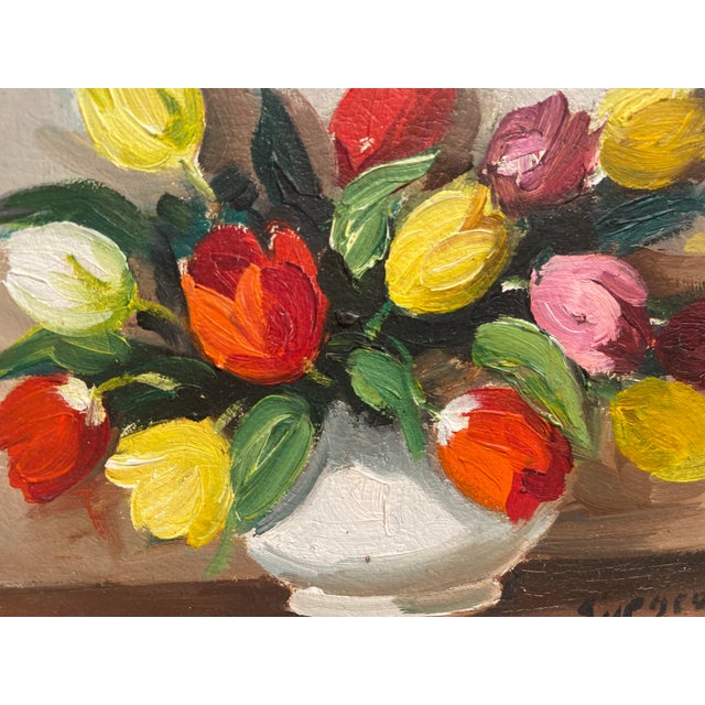 Modern Small Vintage Flower Painting With Tulips Signed For Sale - Image 3 of 8