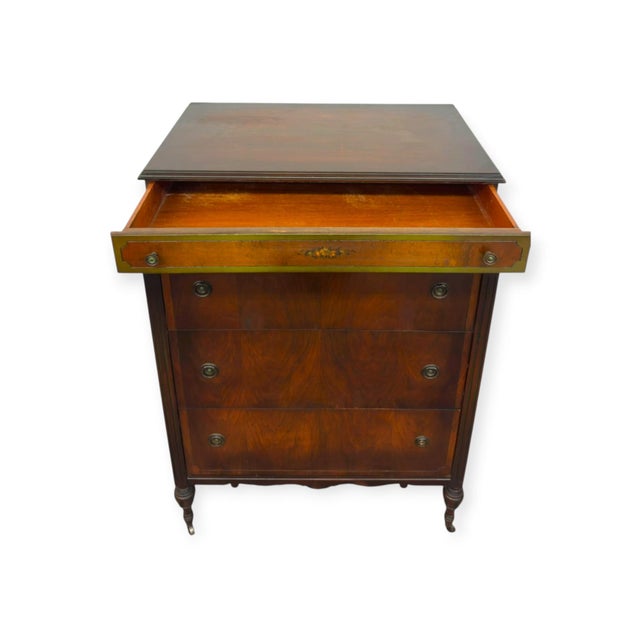 Brown Antique 4-Drawer Wood Tallboy Chest of Drawers With Painted Accents For Sale - Image 8 of 14
