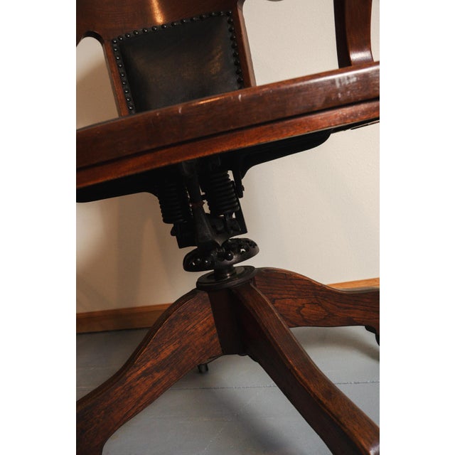 Early 1900's H. Ehrlich & Sons Wood & Black Vinyl Rolling Swivel Office Lawyer's Chair For Sale - Image 12 of 16