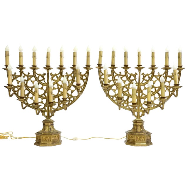 Gorgeous 20th Century Gothic Revival Gilt Metal 13-L Menorah Style Two Tiers Candelabra Lamps, Set of 2! Pair of...