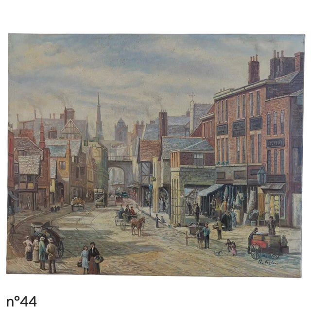 Signed oil on canvas by R. Foster, circa late 20th century, depicting a lively Victorian-era street scene with market...