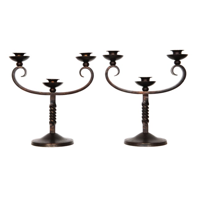 French Brown Wrought Iron Candelabras by Charles Piguet, 20th Century, Set of 2 For Sale