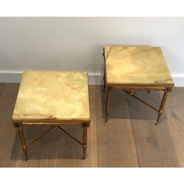 1940s 1940s Pair of Neoclassical Style Square Brass Side Tables with Onyx Top For Sale - Image 5 of 12