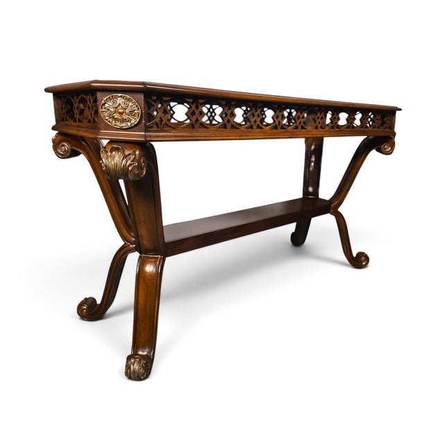 French Provincial Vintage Carved Wood Fretwork Console Table With Beveled Glass Top For Sale - Image 3 of 5