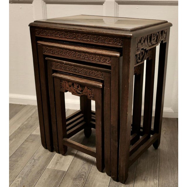 Carved Oriental Nesting Tables, 1920, Set of 4 For Sale - Image 9 of 12