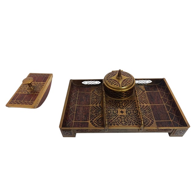 Antique Art Nouveau Brass Inlaid Inkwell with Rocker Blotter by Erhard & Söhne, Germany, 1910, Set of 2 For Sale - Image 3 of 8