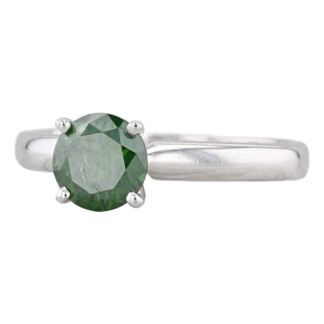 0.95ct Green Diamond Ring 14k White Gold Size 7 Round Solitaire For Sale