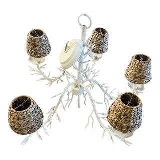 Vintage Palm Coastal Textured Metal Coral Ivory Chandelier 5 - Lights For Sale