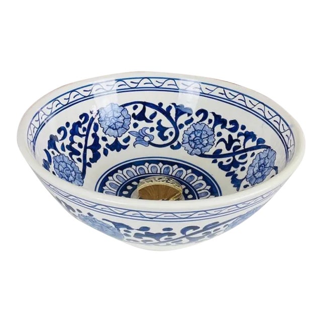 Flower Ceramic Handmade Moroccan Blue Design Sink for Bathroom For Sale