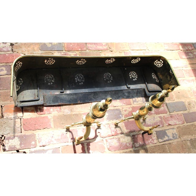 Set of 3, Vintage Handcrafted Ornate Brass Fireplace Fender With Brass Andirons For Sale - Image 10 of 10