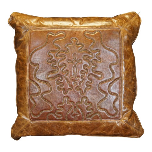 Rustic Western Tooled Leather Down Filled Lumbar Throw Accent Pillow