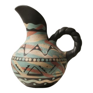 1990s Handmade Peruvian Pottery Pitcher – Tribal Geometric Painted Ceramic With Twisted Handle For Sale