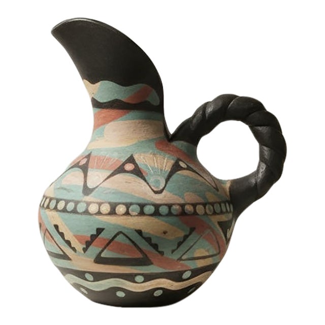1990s Handmade Peruvian Pottery Pitcher – Tribal Geometric Painted Ceramic With Twisted Handle For Sale