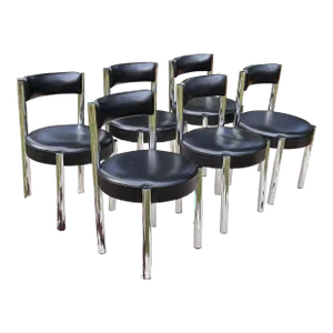1960s Chrome and Black Leather Trix and Robert Haussmann Custom Chairs - Set of 6