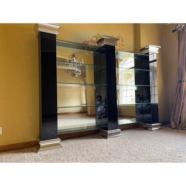 1990s Monumental Black and Chrome Mirrored Glass Bookcase or Display Wall Unit For Sale - Image 5 of 12