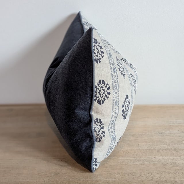 GP & J Baker Alma print in Indigo is 100% linen with Samuel & Sons muted blue cord and coordinating Schumacher navy wool...