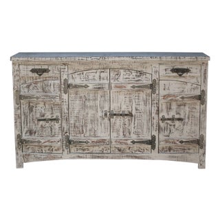 1940s 72 Inch Wide Distressed Gray Sideboard Buffet | Extra Long Farmhouse Credenza With Storage & Drawers | Solid Mango Wood 4 Door Cabinet For Sale