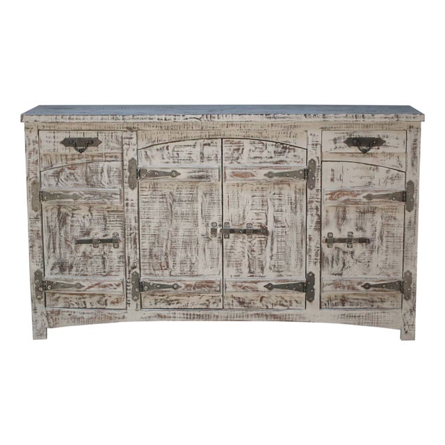 1940s 72 Inch Wide Distressed Gray Sideboard Buffet | Extra Long Farmhouse Credenza With Storage & Drawers | Solid Mango Wood 4 Door Cabinet For Sale