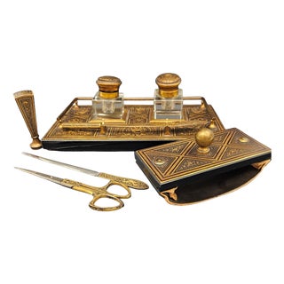Victorian-Era Inkwell with Boulle Inlays in Ebonized Wood and Brass, Set of 8 For Sale