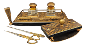 Victorian-Era Inkwell with Boulle Inlays in Ebonized Wood and Brass, Set of 8