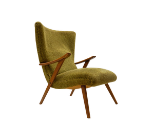 Italian Wood and Fabric Wingback Armchair, 1950s