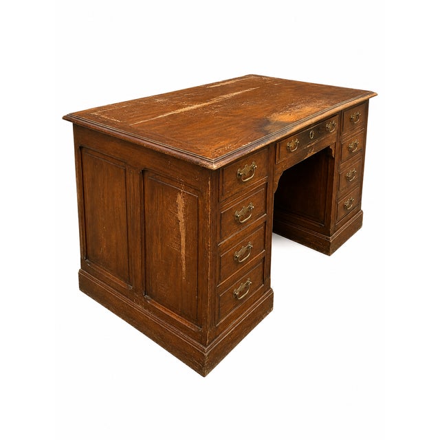 1940s Vintage Oak Pedestal Desk with Drawers, 1940s For Sale - Image 5 of 8