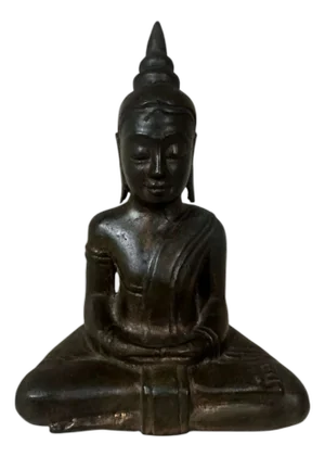 Early Ayutthaya Bronze Seated Buddha, Flame Finial, Original Gilding Traces, 15th Century Thailand
