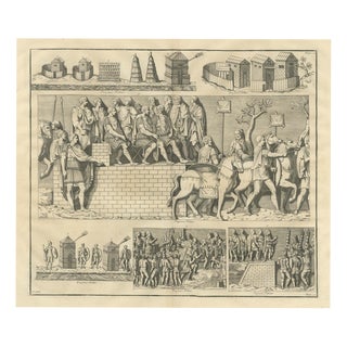 Montfaucon, Roman Camp Towers, Huts and Officers on a Tribunal, Trajans Column, 1722, Engraving For Sale