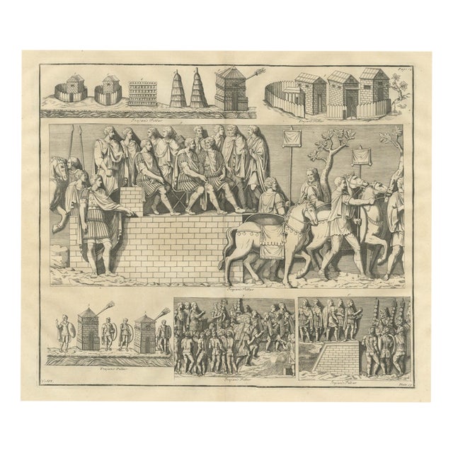 Montfaucon, Roman Camp Towers, Huts and Officers on a Tribunal, Trajans Column, 1722, Engraving For Sale