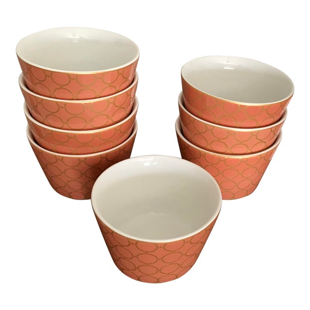 Coral / Orange Small Porcelain Bowls With Gilt Chain Design - Set of 8 For Sale