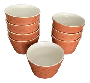 Coral / Orange Small Porcelain Bowls With Gilt Chain Design - Set of 8