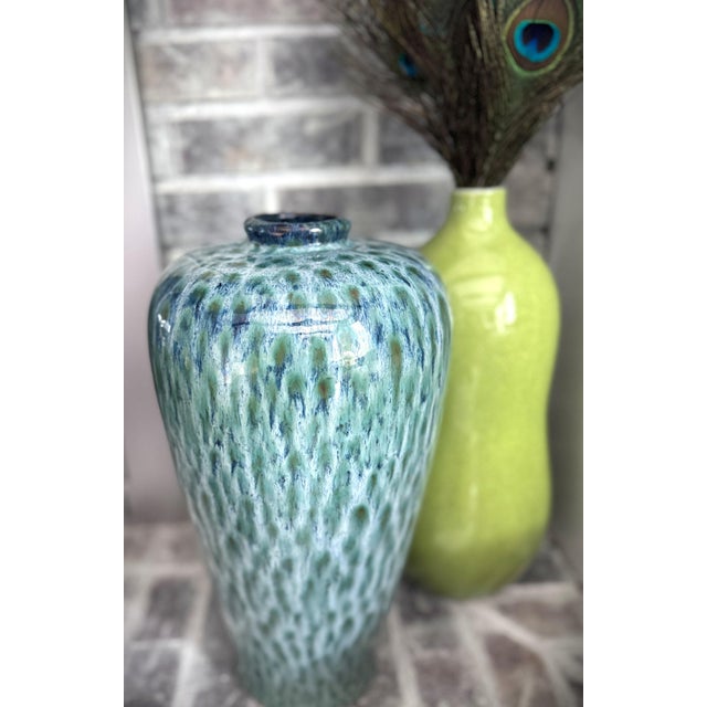 Late 20th Century Peacock Feather Blue & Green Drip Glazed Pottery Vase For Sale - Image 4 of 12