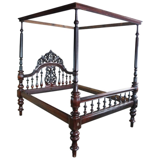 English Antique Anglo Indian Colonial Raj Mahogany Carved Officers 4 Poster Tester Bed For Sale - Image 3 of 13