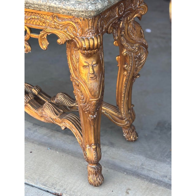 Late 19th Century Louis XIV-style Gilded Wood and Grey Marble Top With King’s Faces Carved Console Table For Sale - Image 4 of 9