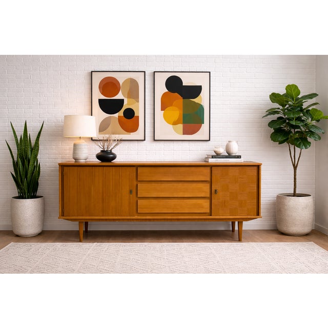 Brown Mid Century Modern Oak Sideboard | 1960’s Scandinavian Credenza | Vintage MCM Media Console Cabinet For Sale - Image 8 of 12
