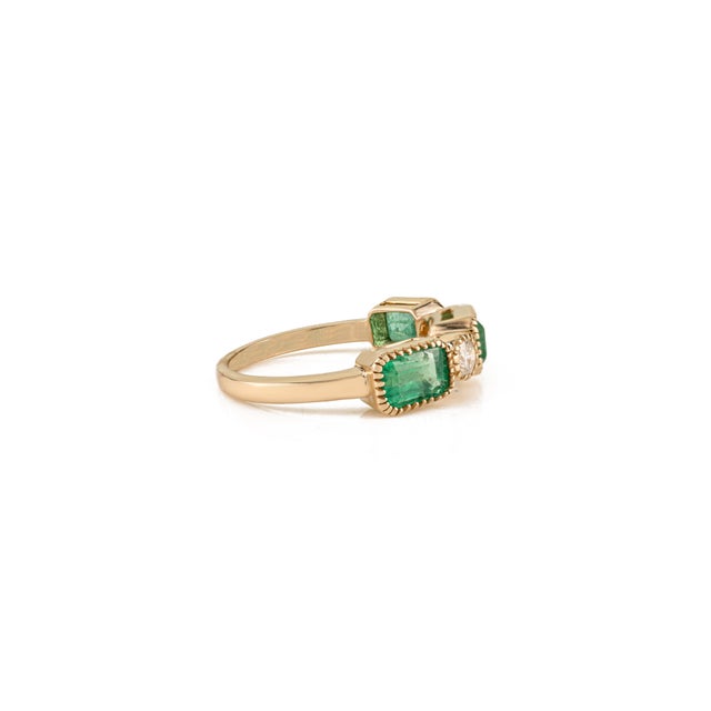 Not Yet Made - Made To Order Pinion Bezel Set 2.07 Ct Zambian Emerald Three Stone Diamond Wedding Band Size 6 For Sale - Image 5 of 16