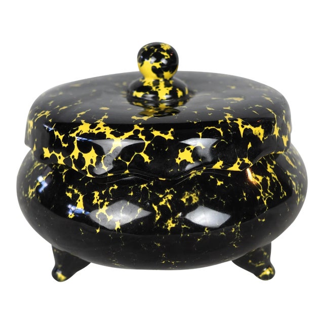 Mid-Century French Pierre Lucas Black and Yellow Tripod Ceramic Box For Sale