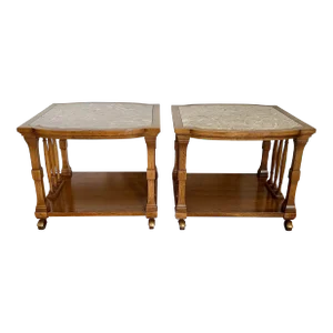 Mid Century Tomlinson Neoclassical Fossil Marble Top End Tables